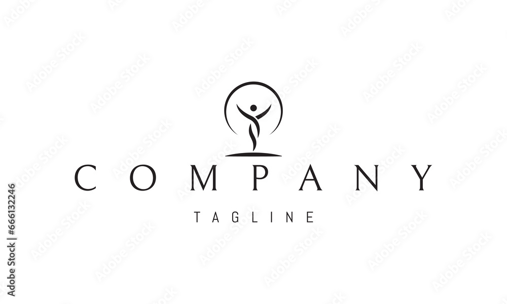 A vector logo with an abstract image of a dancing human figure.