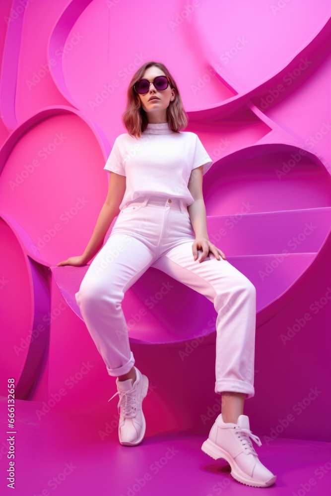 A woman in a white top and white pants posing in front of a pink wall A woman in a white top and white pants posing in front of a pink wall