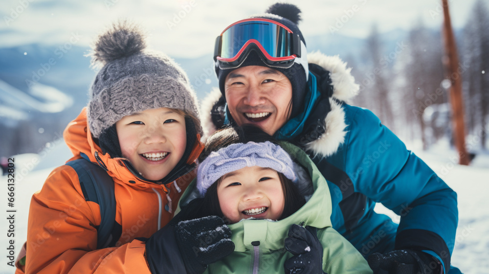 雪山のスキー場で笑顔のアジアの家族 family smiling in snow ski resort 雪山のスキー場で笑顔のアジアの家族 family smiling in snow ski resort