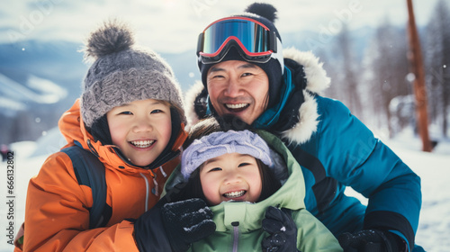 雪山のスキー場で笑顔のアジアの家族 family smiling in snow ski resort