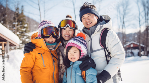 雪山のスキー場で笑顔のアジアの家族 family smiling in snow ski resort photo
