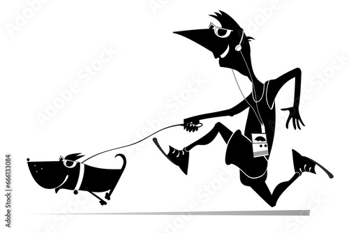Running young man with a dog.  Running young man with a dog listening music on player using headphones. Black and white illustration 