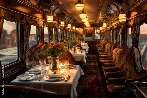 Spacious Dining interior train. Food carriage. Generate Ai © juliars