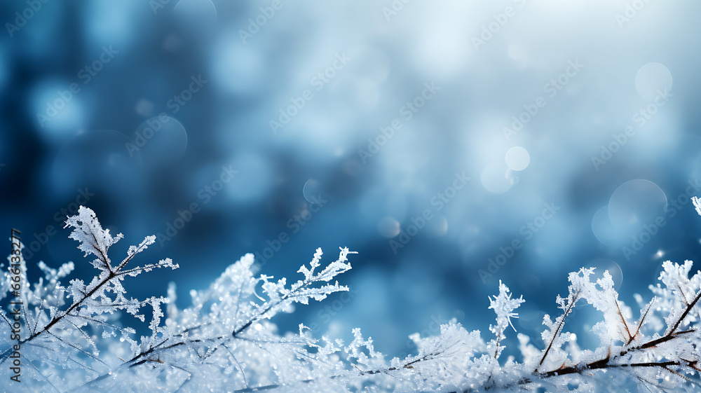 Beautiful winter snow background banner with snowdrifts, with beautiful light and snow flakes on the blue sky, beautiful bokeh circles, copy space, Ai generative.