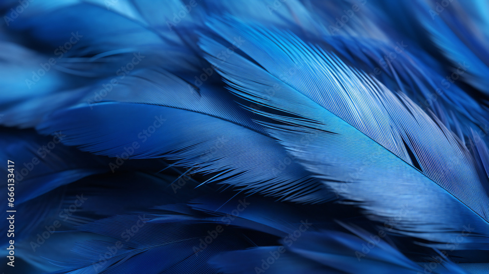 Fototapeta premium blue Feather ultra macro close-up banner background. generative AI.