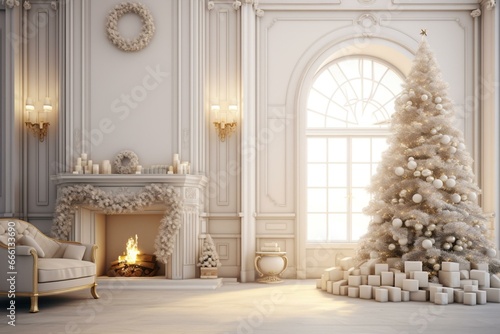 3D-rendered interior with Christmas decoration. Generative AI