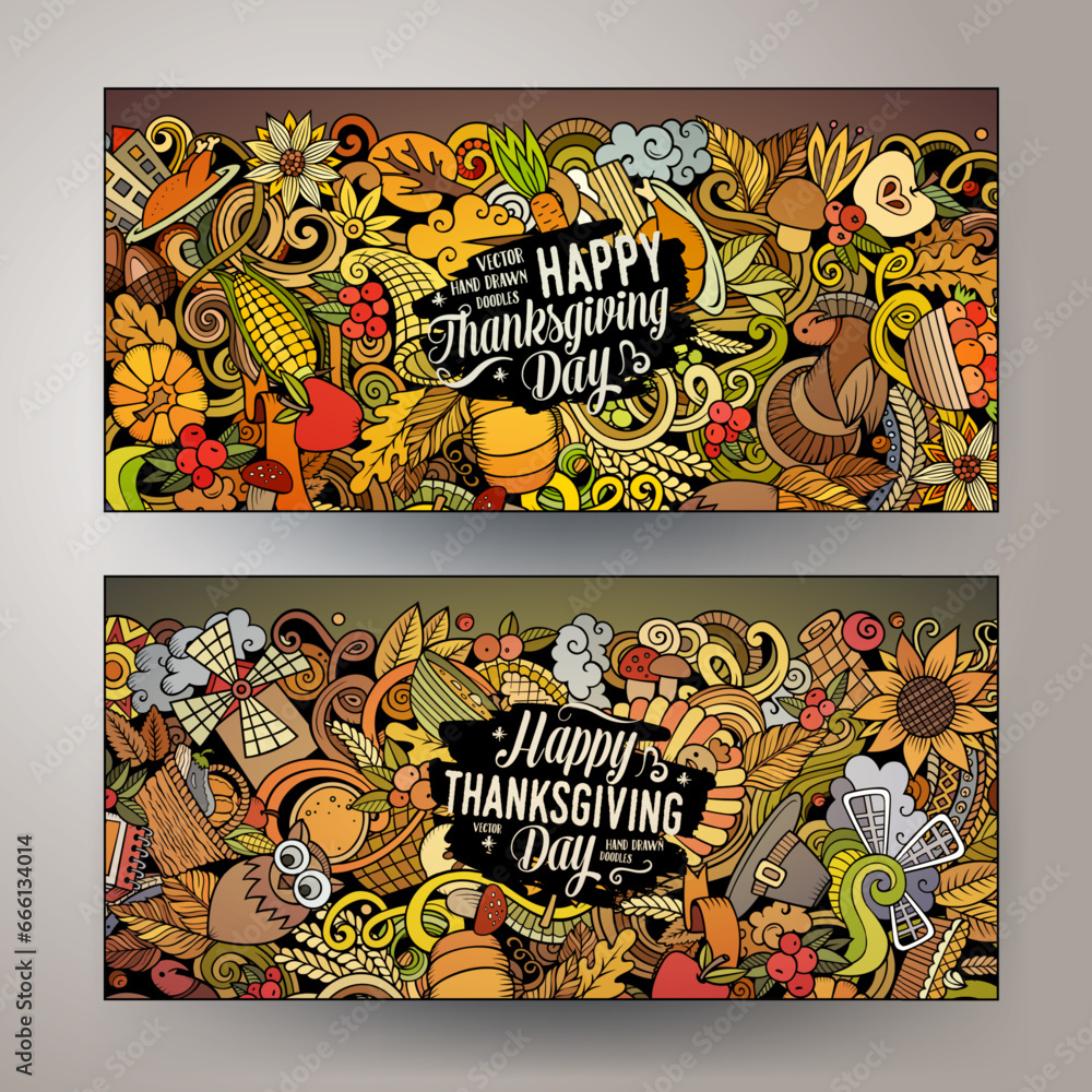 Cartoon cute vector doodles Thanksgiving banners