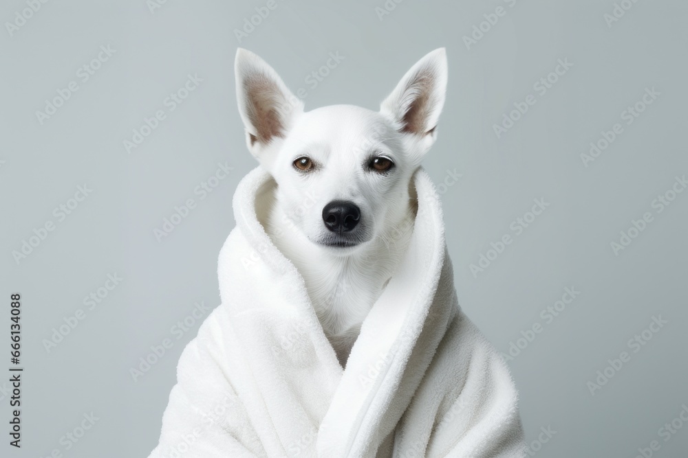 Elegant Dog white bathrobe. Relax shower. Generate Ai