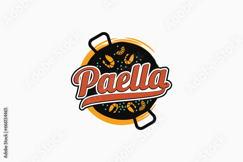 paella logo with delicious paella dish and beautiful lettering for restaurant, cafe, etc.