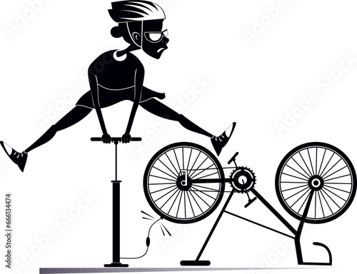 Cyclist woman and a broken bicycle. 
Cyclist woman inflates the wheel. Sportsperson repairs the bicycle. Cyclist inflates the wheel on the bicycle. Black and white illustration
