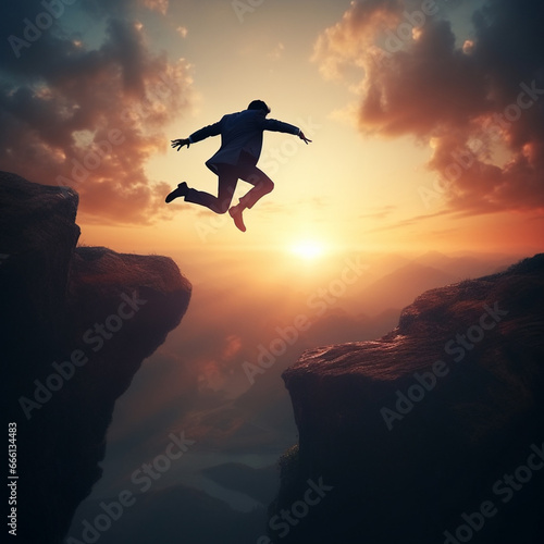 A businessman leaps atop the silhouette of a towering mountain at twilight during sunset  symbolizing the daring and calculated risks inherent in business planning. Generative AI.