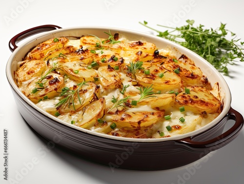 A casserole dish with potatoes and herbs