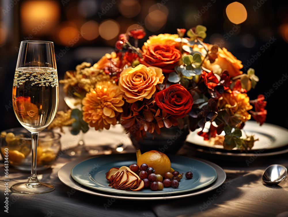 Elegant autumn table setting in a restaurant Thanksgiving dinner. Generative Ai