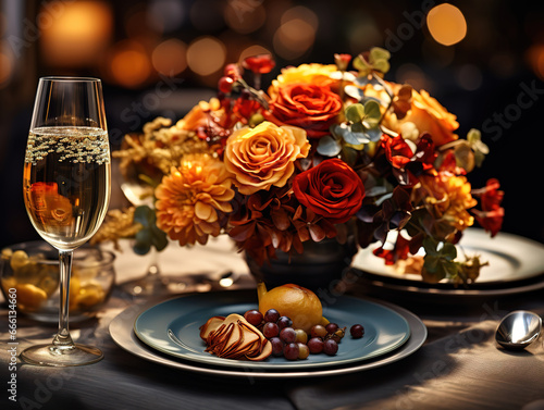 Elegant autumn table setting in a restaurant Thanksgiving dinner. Generative Ai © MDRobiul