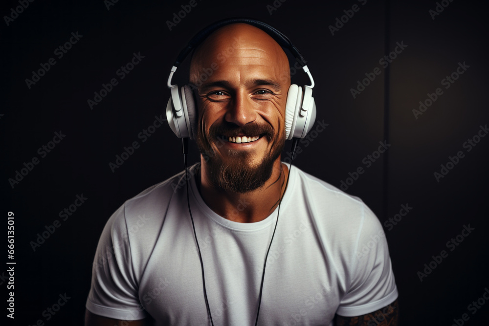Close-up portrait of handsome middle-aged man in T-shirt wearing white headphones. Mature hipster with shaved head and beard listening to music and smiling happily. Isolated on black background. Close-up portrait of handsome middle-aged man in T-shirt wearing white headphones. Mature hipster with shaved head and beard listening to music and smiling happily. Isolated on black background.
