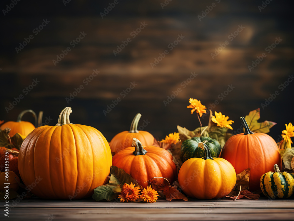 Festive autumn decor of pumpkins, on wooden table, Wide banner of Thanksgiving day. Generative Ai Festive autumn decor of pumpkins, on wooden table, Wide banner of Thanksgiving day. Generative Ai