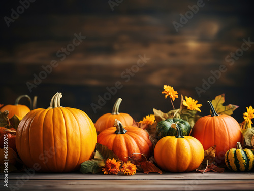 Festive autumn decor of pumpkins  on wooden table  Wide banner of Thanksgiving day. Generative Ai