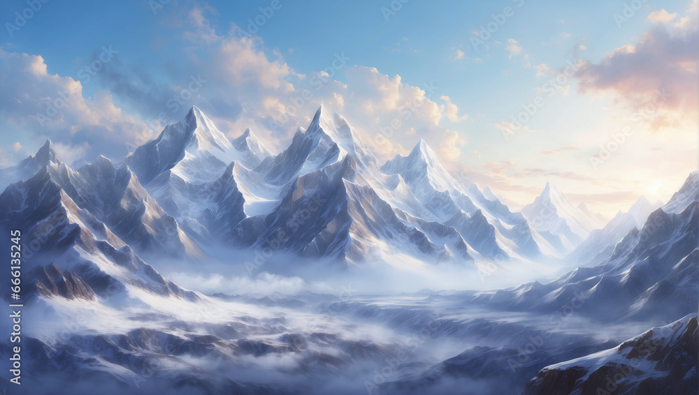 Digital masterpiece that highlights the grandeur of mountain ranges with dramatic peaks and serene valleys.
