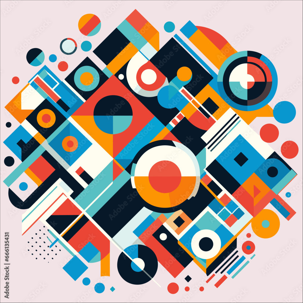 Obraz premium Bauhaus style art Vector Pattern. Simple Composition With Geometric shapes combination neo geo post. Colorful neo geometric Social media poster. Modern abstract promotional flyer background