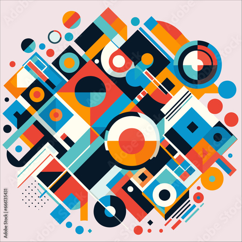 Bauhaus style art Vector Pattern. Simple Composition With Geometric shapes combination neo geo post. Colorful neo geometric Social media poster. Modern abstract promotional flyer background