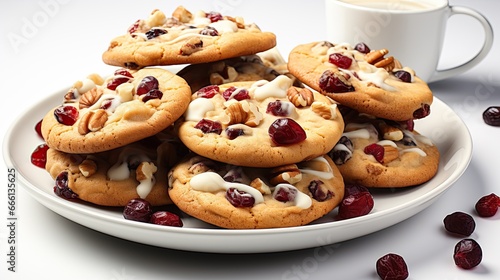 A plate of cookies and a cup of coffee, cranberry white chocolate cookies