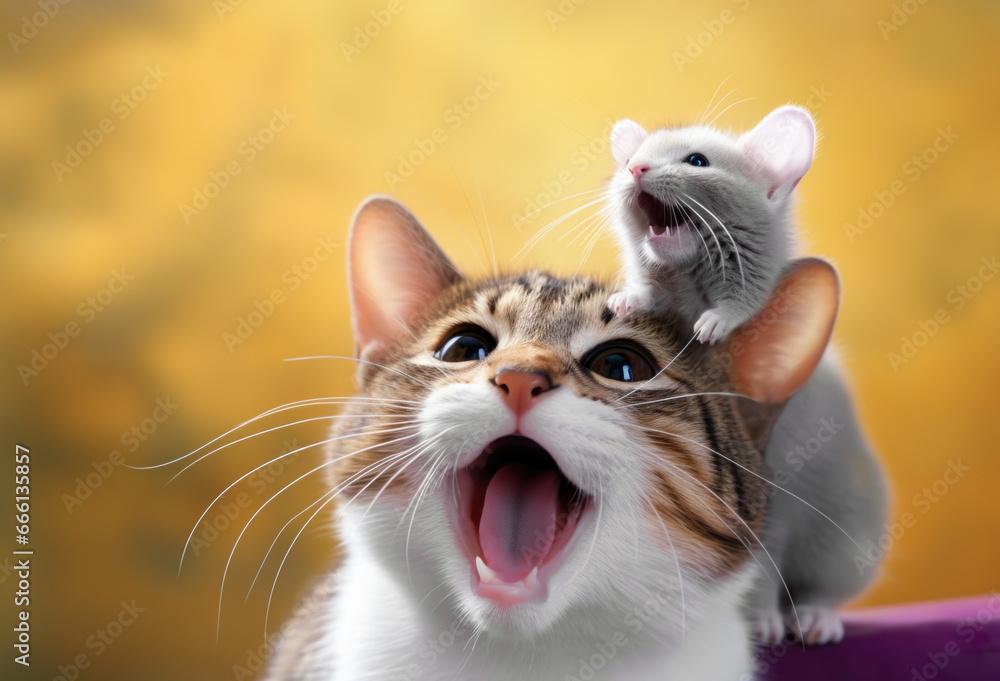 A funny portrait of a cat and a mouse with their mouths open - obrazy, fototapety, plakaty 