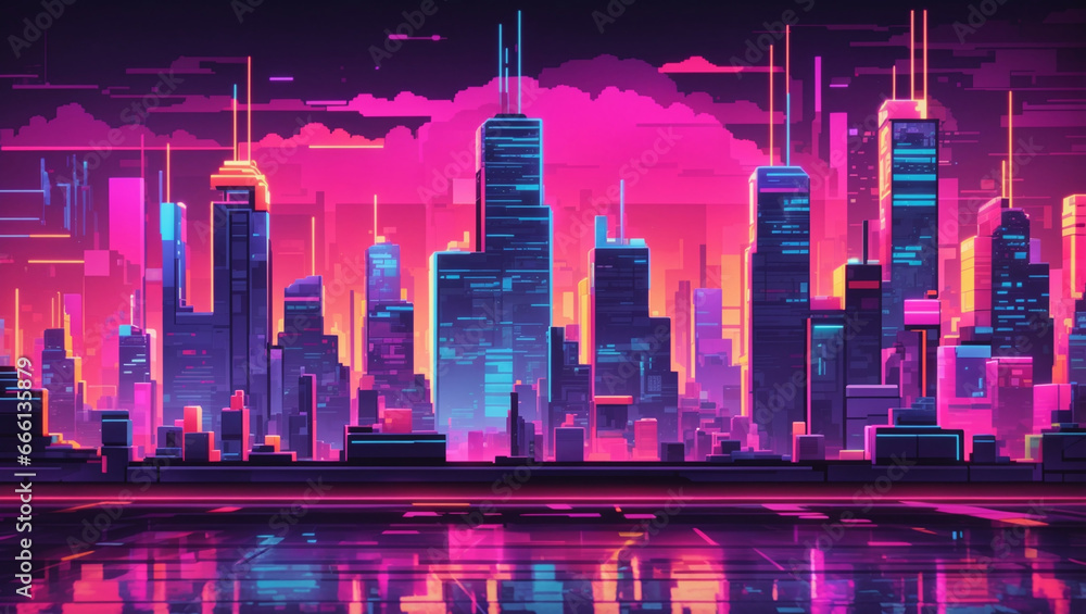 Naklejka premium Pixelated Neon Cityscape Create a futuristic cityscape backdrop with pixelated blocks in vibrant neon colors.