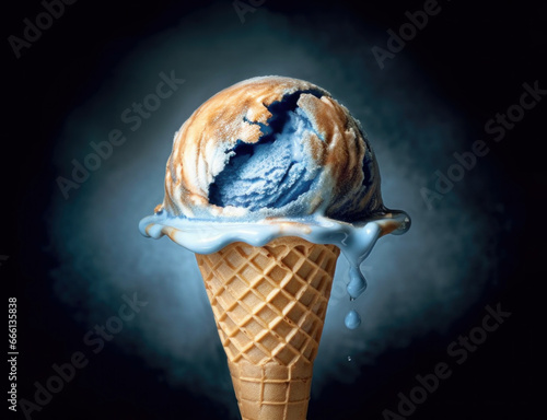 Melting Earth ice cream on cone. Global warming concept.