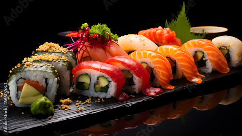 close up of a variety of beautifully decorated sushi on a black background
