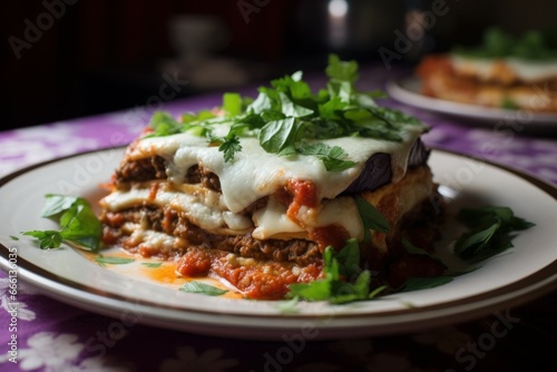 Satisfying Eggplant lasagnas. Dinner meal cuisine. Generate Ai