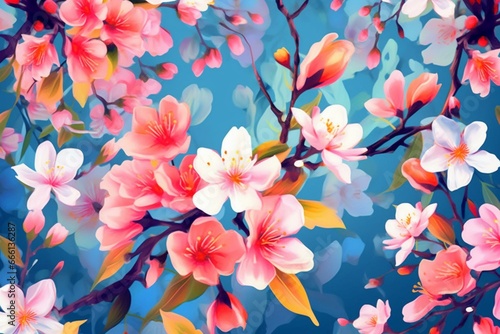 Pattern with vibrant spring blossoms. Generative AI