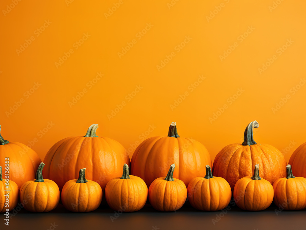 Pumpkins on orange background with copy space as design for Halloween. Generative Ai Pumpkins on orange background with copy space as design for Halloween. Generative Ai