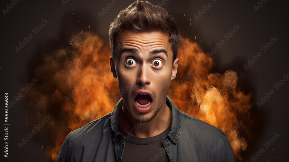 Young man with shocked surprised expression with wide open eyes and mouth, studio portrait, surprise shock Young man with shocked surprised expression with wide open eyes and mouth, studio portrait, surprise shock