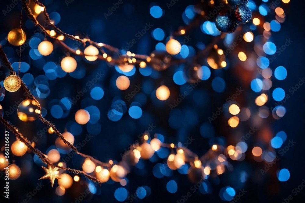 defocused banner with blue, gold, and black tones, stunning blue and gold glittering backdrop, elegant abstract glitter lights background