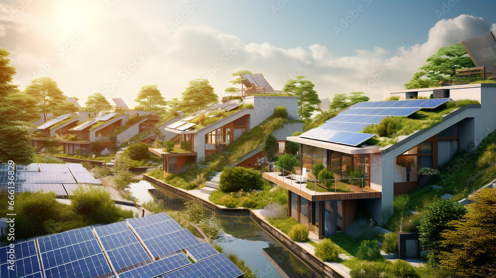 aerial view of solar panels with modern house in city - obrazy, fototapety, plakaty 