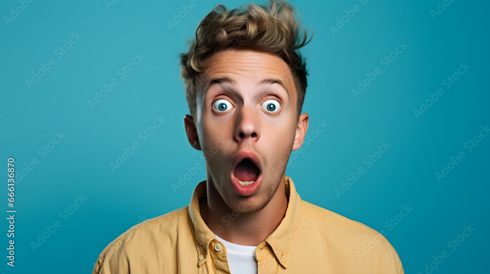 Young man with shocked surprised expression with wide open eyes and mouth, studio portrait, surprise shock Young man with shocked surprised expression with wide open eyes and mouth, studio portrait, surprise shock