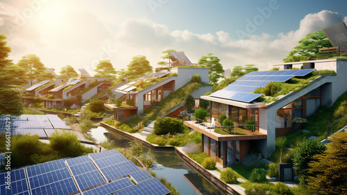 aerial view of solar panels with modern house in city photo