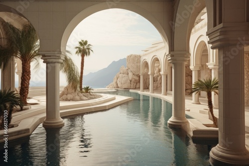Spacious Empty luxurious resort pool. Nature tourism. Generate Ai © juliars