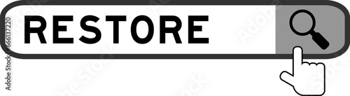 Search banner in word restore with hand over magnifier icon on white background
