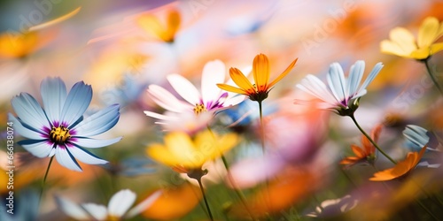 Colorful variegated flowers in the wind in motion blur   concept of Colorful petals