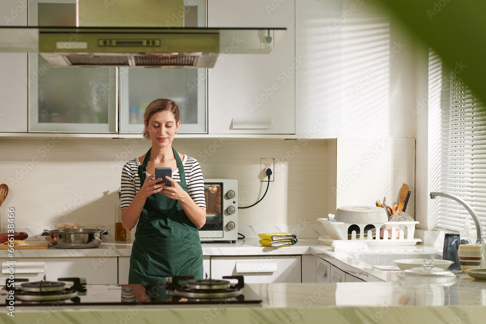 Smiling mature woman leaning on kitchen counter when texting partner asking what to cook for dinner Smiling mature woman leaning on kitchen counter when texting partner asking what to cook for dinner