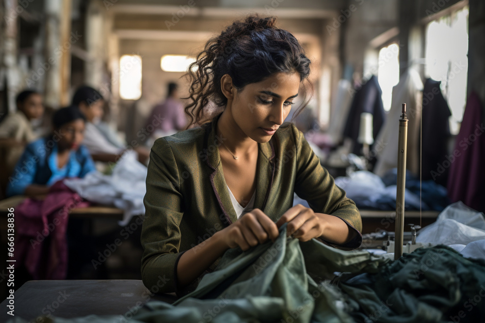 A woman in the garment factory takes a moment to admire a finished garment, appreciating the culmination of her hard work and expertise in fashion. A woman in the garment factory takes a moment to admire a finished garment, appreciating the culmination of her hard work and expertise in fashion.