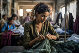A woman in the garment factory takes a moment to admire a finished garment, appreciating the culmination of her hard work and expertise in fashion. 