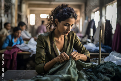 A woman in the garment factory takes a moment to admire a finished garment  appreciating the culmination of her hard work and expertise in fashion. 