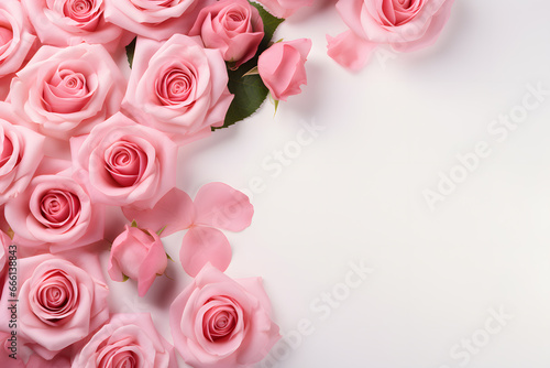 Banner with frame made of pink rose flowers  springtime composition with copy space