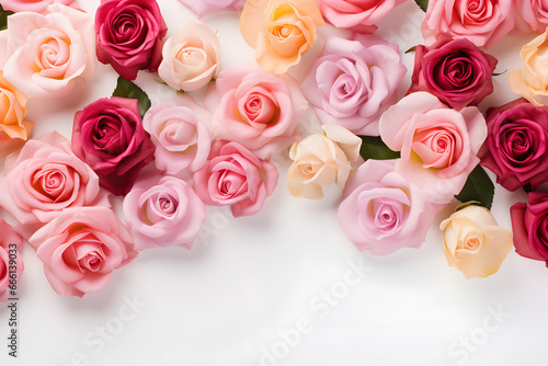 Banner with frame made of pink and red rose flowers  springtime composition with copy space