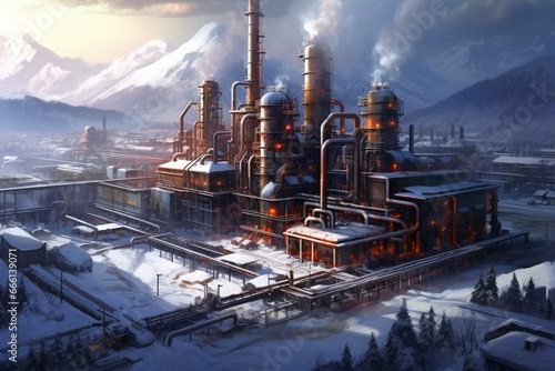 winter mountains oil disel refinery. Generative AI photo