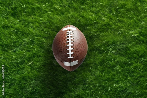 American football ball on green grass background. Top view. Copy space.