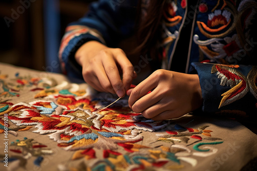 At the embroidery station, a skilled worker delicately stitches intricate patterns onto fabric, adding artistic flair to the garments. 
