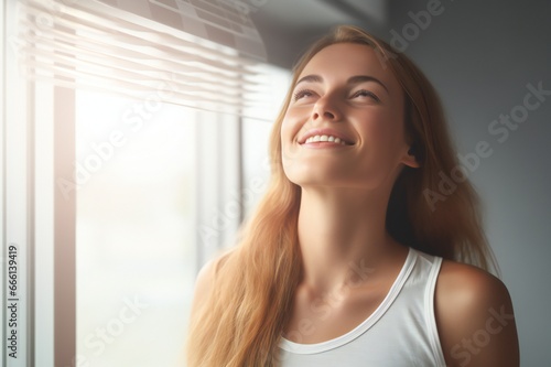 Cheerful Woman Enjoying Cooling Air Conditioner